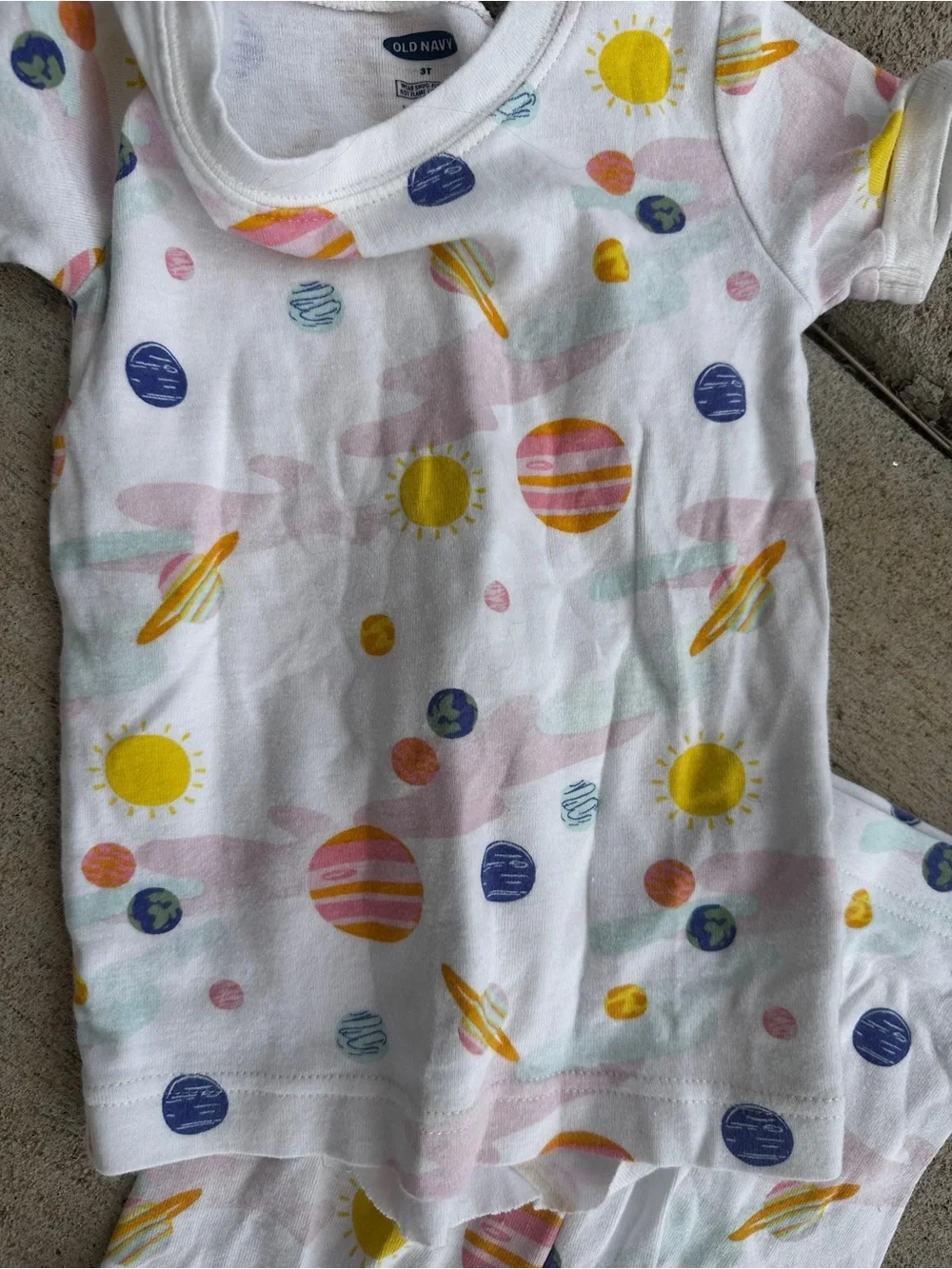 Old Navy White Kids' Space Planet Pajama Set with Yellow Suns and Blue Planets